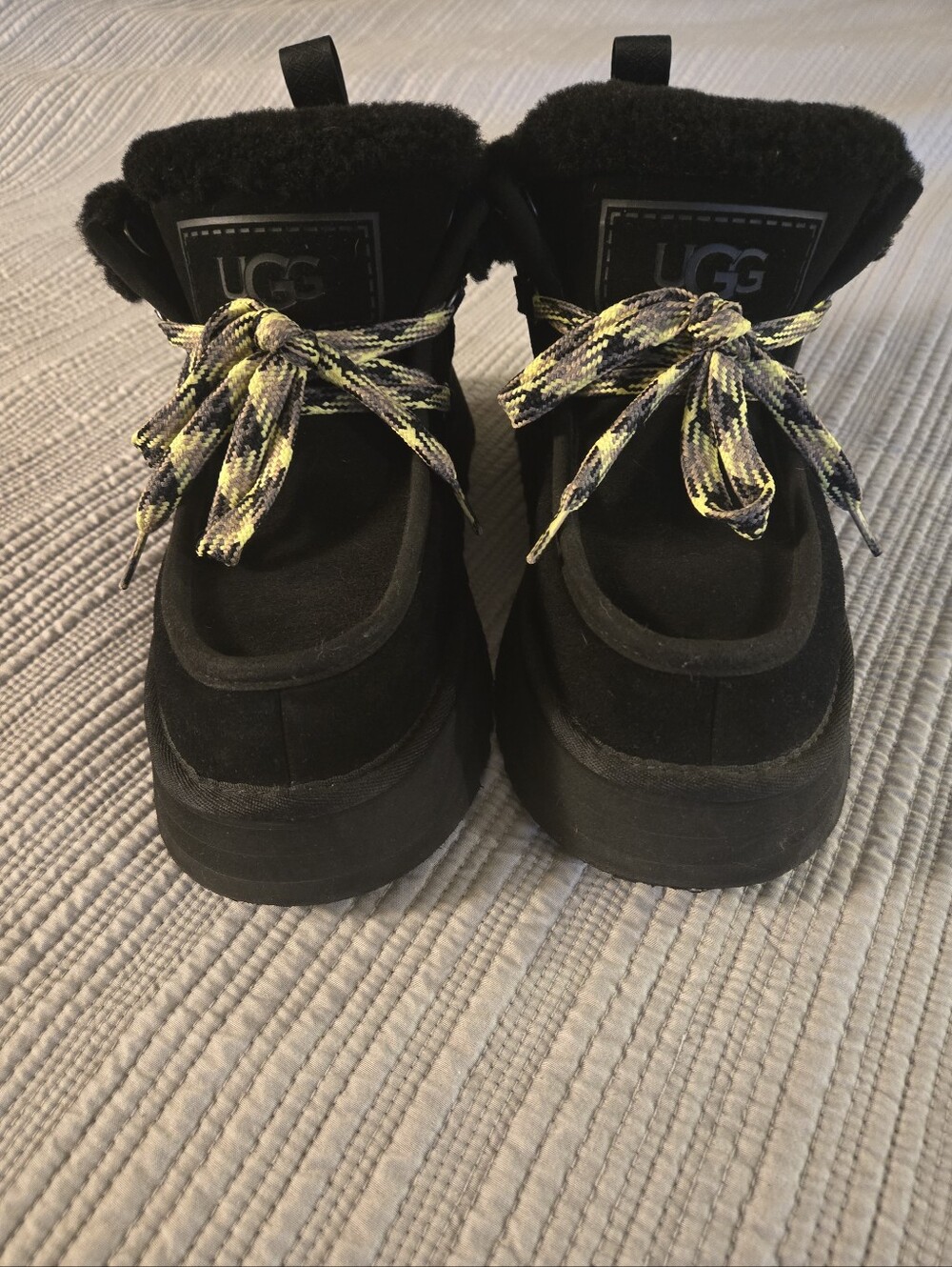UGG Women's Black Suede Ankle Boots with Yellow-Patterned Laces